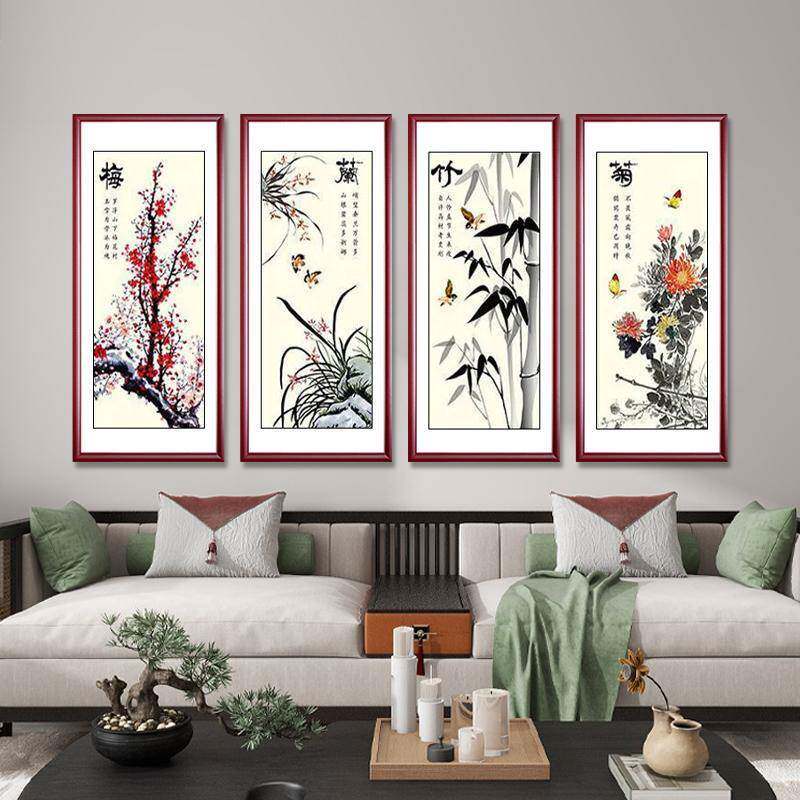观源国画梅兰竹菊字画书画四联画客厅装饰画茶室办公室写意花鸟画