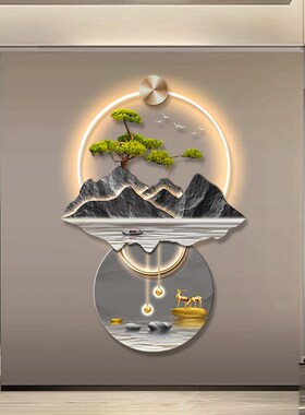 新中式玄关装饰画流水生财壁灯画大气山水挂画入户门走廊尽头墙画