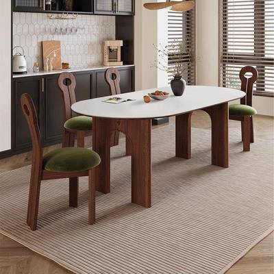 丹梵斯 法式复中古风实木白蜡木餐桌小户型家用椭圆形岩板餐桌