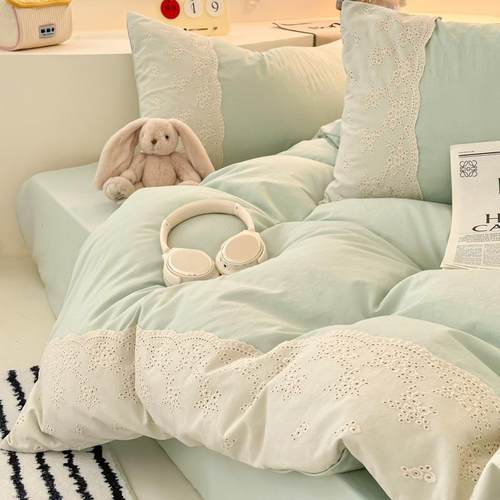 薄荷绿水洗棉床上四件套韩式蕾丝花边非全纯棉被套床单宿舍三件套