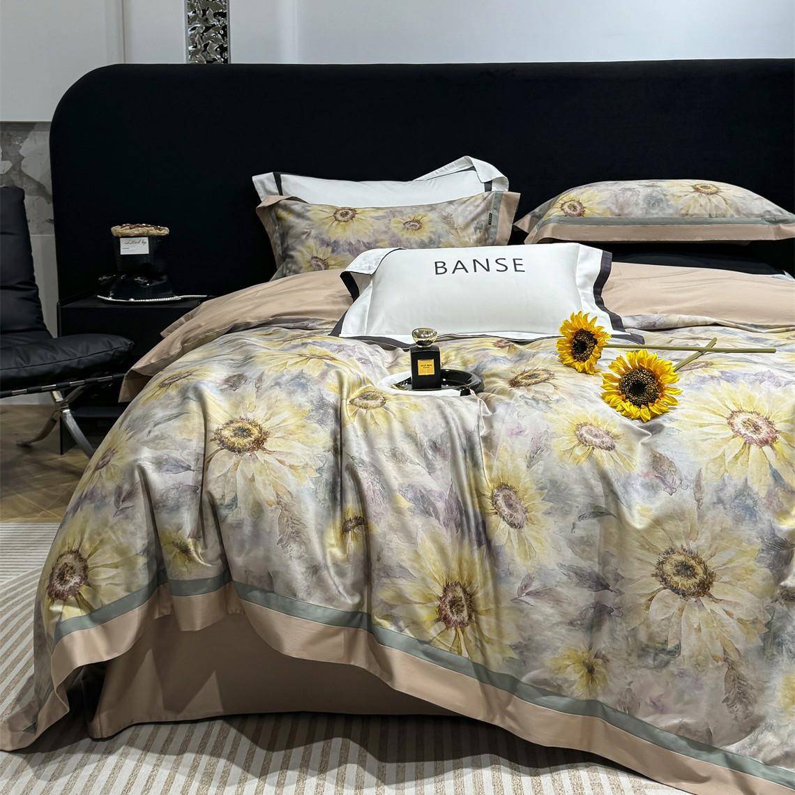 现代简约风向日葵数码印花超柔寝具床品纯棉长绒棉四件套向阳花开