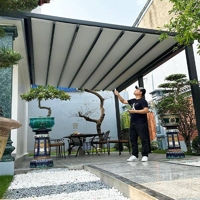 家用阳台伸缩棚雨棚户外铝合金推拉雨棚遮阳棚露台电动折叠天幕棚
