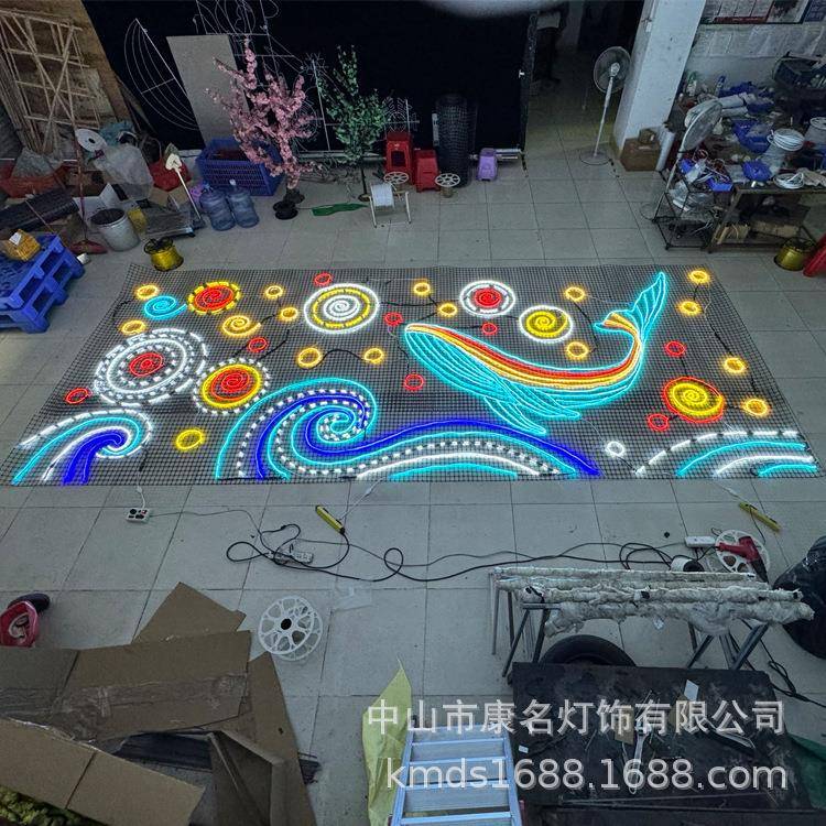 鲸鱼灯饰画 霓虹灯画 墙面装饰画 艺术灯画 海浪造型 鱼类灯