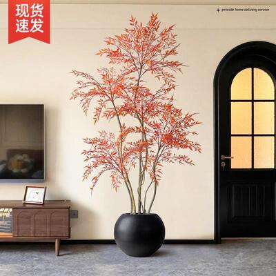 中古风仿真绿植轻奢室内电视柜旁落地摆件大盆栽红色南天竹假绿植