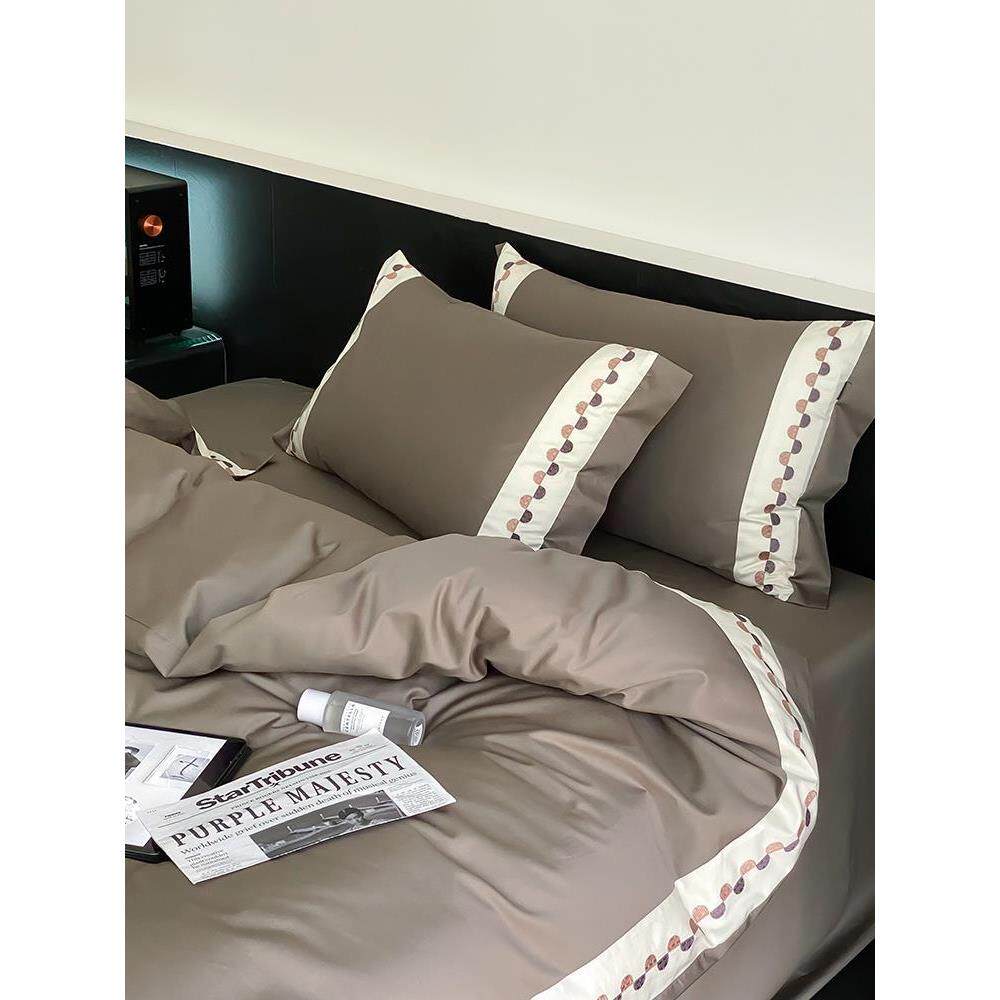 简约风全棉100支长绒棉贡缎四件套 高端刺绣撞色拼接被套纯棉床品