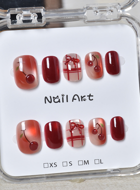 红色穿戴甲短款2026新款指甲贴片猫眼樱桃蝴蝶结显白气质穿戴美甲