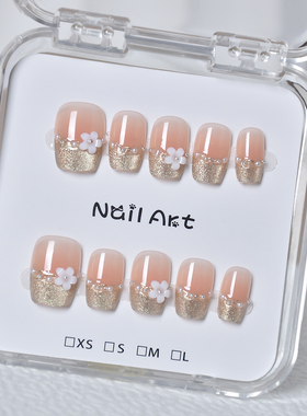 法式小花珍珠穿戴美甲秋冬穿戴甲短款2025新款高级感指甲贴片甲片