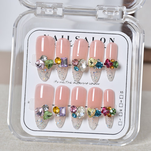 彩色宝石手工穿戴甲长款粉色美甲贴片甲片2026新款指甲贴片美甲贴