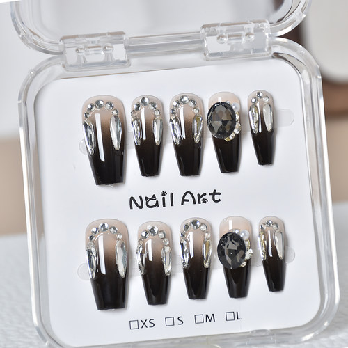 黑色穿戴甲长款手工光疗指甲2025新款高级感甲片美甲贴片秋冬显白