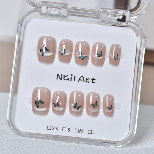 美甲穿戴甲短款秋冬猫眼黑色蝴蝶珍珠指甲贴片简约百搭穿戴美甲