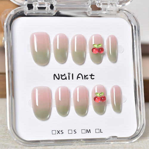绿色猫眼显白樱桃穿戴甲中短款款学生党儿童指甲贴片2026新款甲片