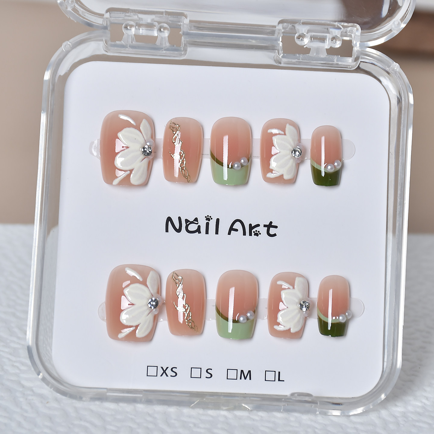 美甲穿戴甲短款绿色法式小花珍珠甲片指甲贴片穿戴款美甲可拆卸