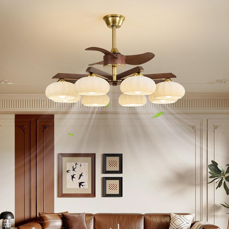 法式中古风客厅吊扇灯复古黑胡桃实木大气高端卧室餐厅一体风扇灯