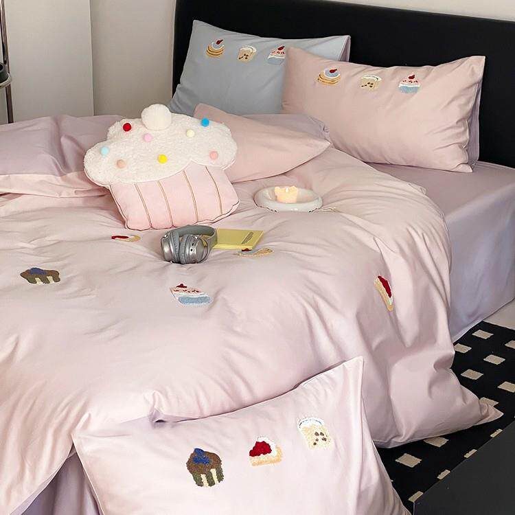 粉色少女全棉毛巾绣100S长绒棉四件套纯棉儿童被套少女心床上用品