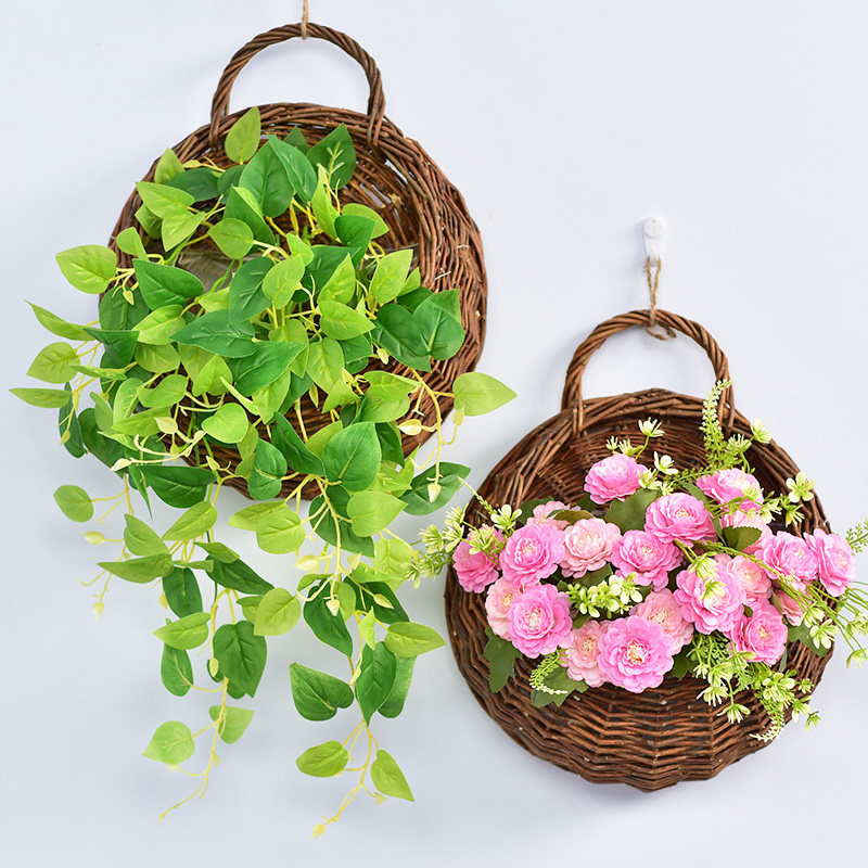 墙上装饰壁挂花篮藤编客厅创意墙面挂件干花仿真花壁挂花花藤套装