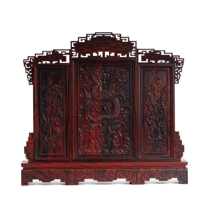 红木雕工艺礼品仿古小家具书房酸红枝家居摆件屏风客厅九龙装饰品