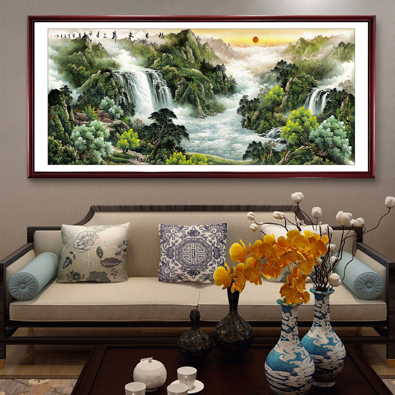 旭日东升国画聚宝盆山水画沙发背景墙客厅靠山挂画图框带装饰画