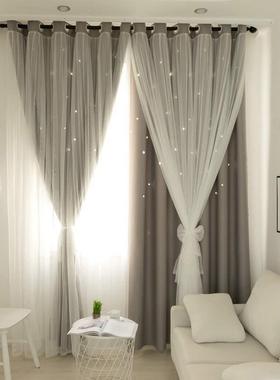 简播约双层直间童房网窗帘公主风儿卧HME室客红厅遮光飘窗纱帘