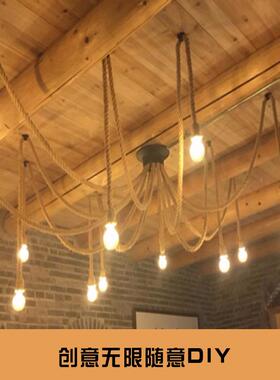吊灯美灯式复古业风办公室服咖装工店餐厅卡座网蜘87413蛛麻绳轻