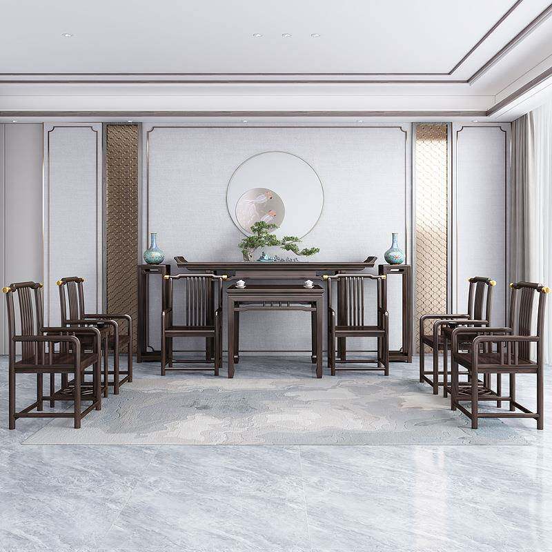 新中式中六件实木堂桌佛台农村DUG明式简供约条案翘头桌八仙套桌