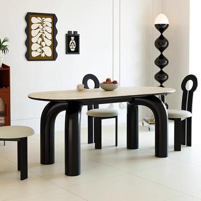 法式奶油风洞石岩板餐桌设计师款小户型长方形家用中古风餐台