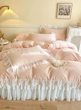 香雪1VAY00全棉棉公主风四套边纯件色床裙款花边荷纯叶被套南通床