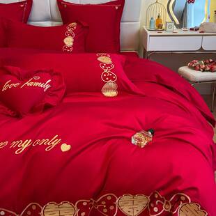 结婚被子喜被纯棉全棉四件套带被芯枕芯新婚房红色七件套床上用品