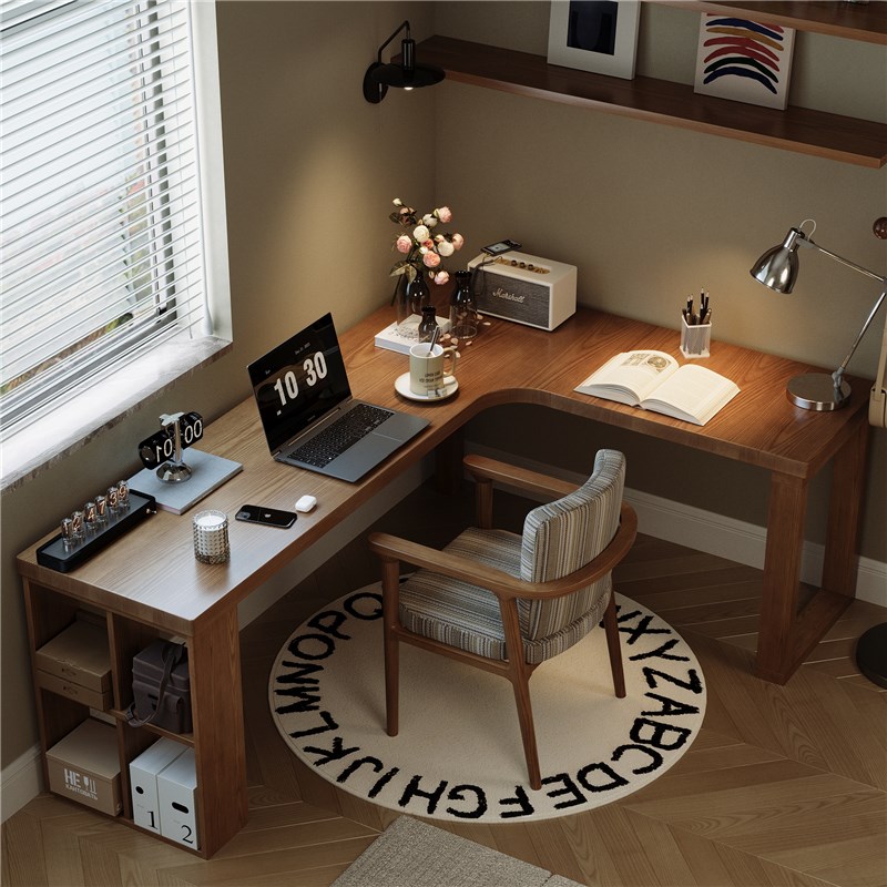 实木转角书桌带柜子家用电脑桌台式卧室墙角l型办公桌学生写字桌