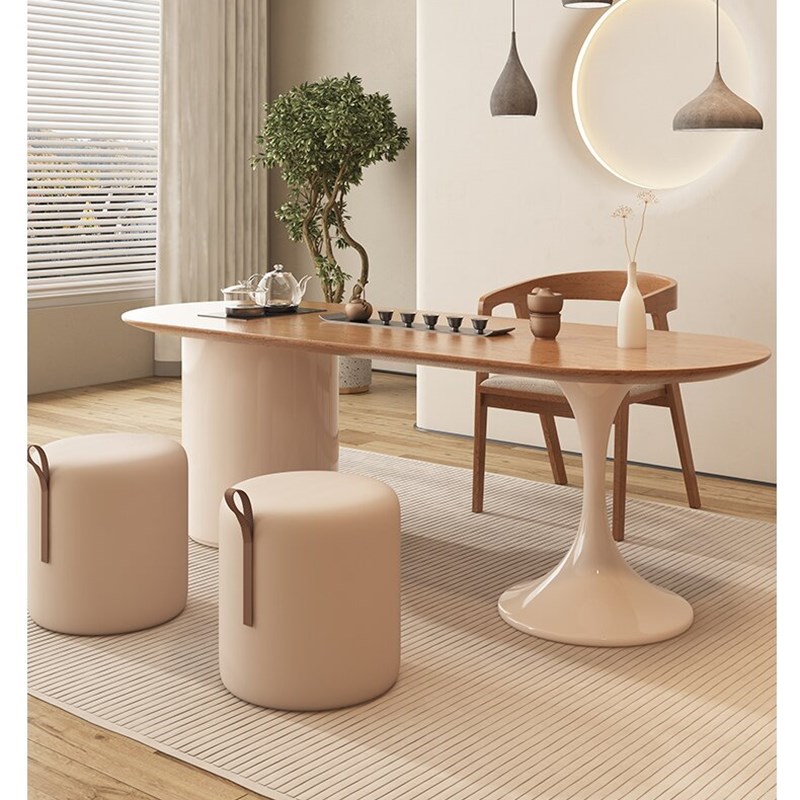 奶油风小茶台家用泡茶桌书桌茶桌一体原木风阳台实木茶桌椅