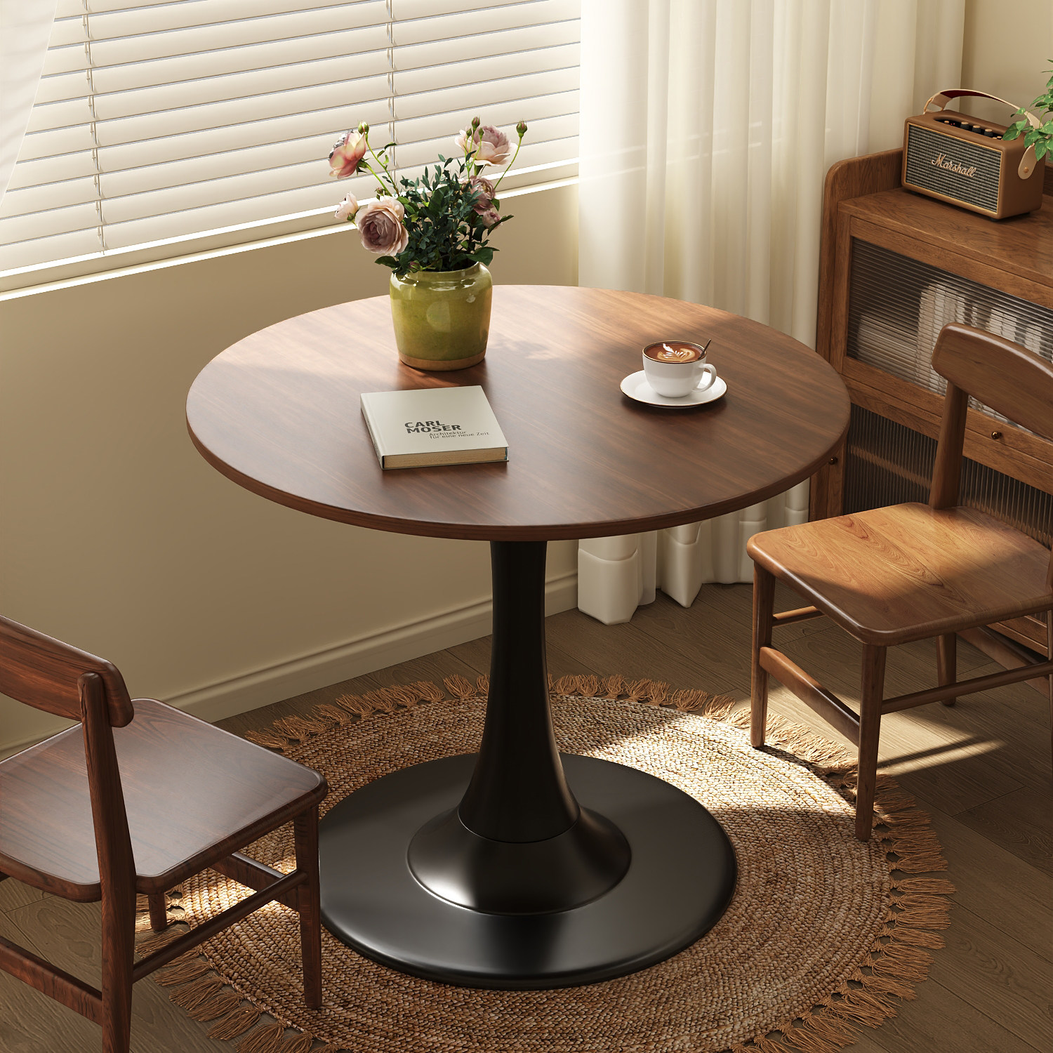 胡桃木小圆桌茶几简约现代创意小户型沙发边几中古休闲阳台小桌子