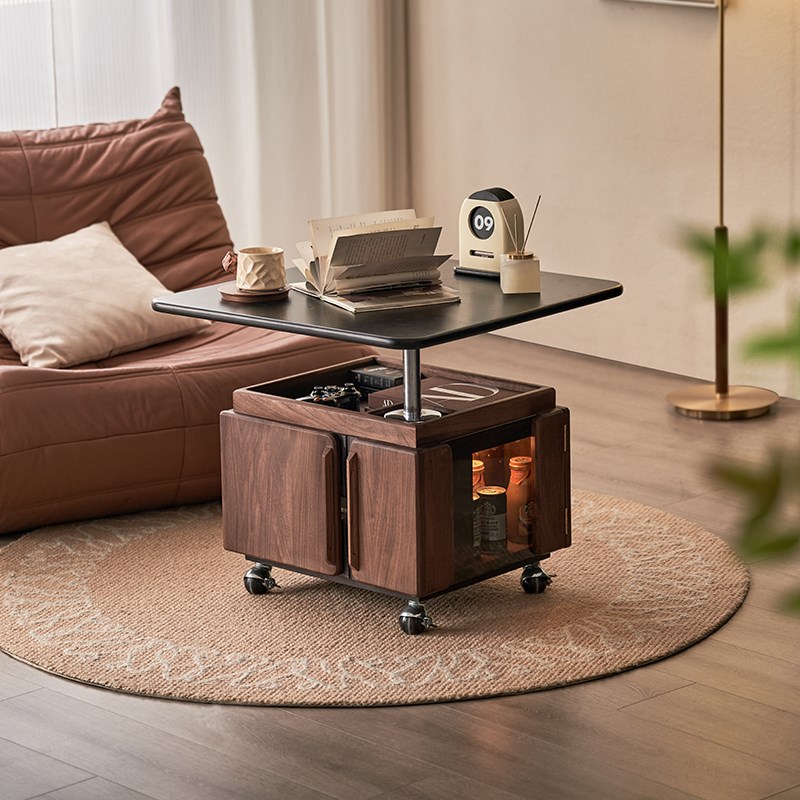 实木升降旋转边几可移动中古茶几黑胡桃木家用方桌客厅沙发边柜