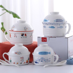 日韩式面碗陶瓷创意泡面杯碗汤碗带把手带盖微波炉单人碗碟套装