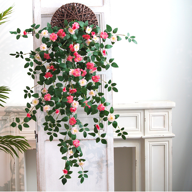 仿真玫瑰花藤吊兰墙面遮挡壁挂墙上装饰绿植假花藤条墙壁挂花吊花