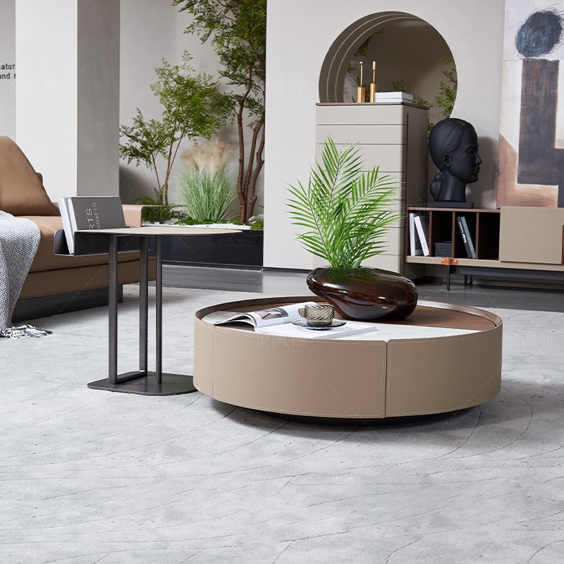 意式极简设计师高端现代简约客厅小户型可旋转马鞍皮茶几边几