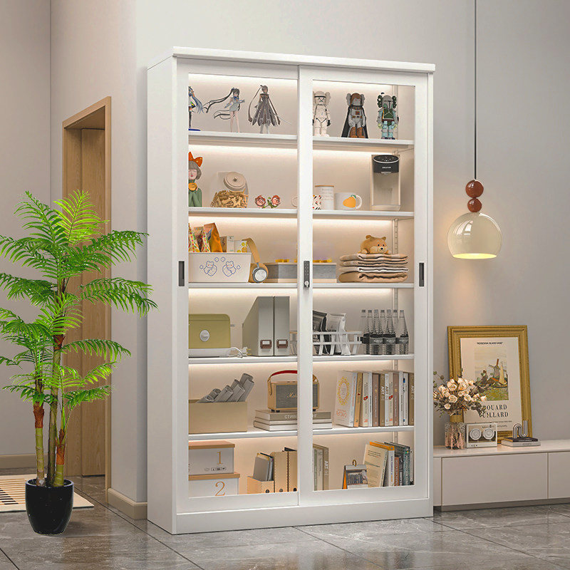 钢制书柜移门推拉玻璃门铁艺客厅置物展示柜儿童书架落地立柜带锁