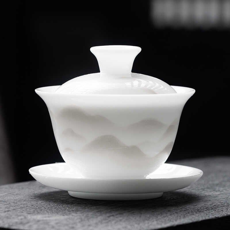 手绘冰种玉瓷三才盖碗单个家用陶瓷大号泡茶碗喝茶杯高端功夫茶具