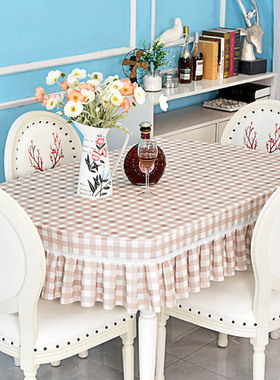简约蓝色小格子餐桌罩长方形麻将电视柜盖布正方形老式方桌台布