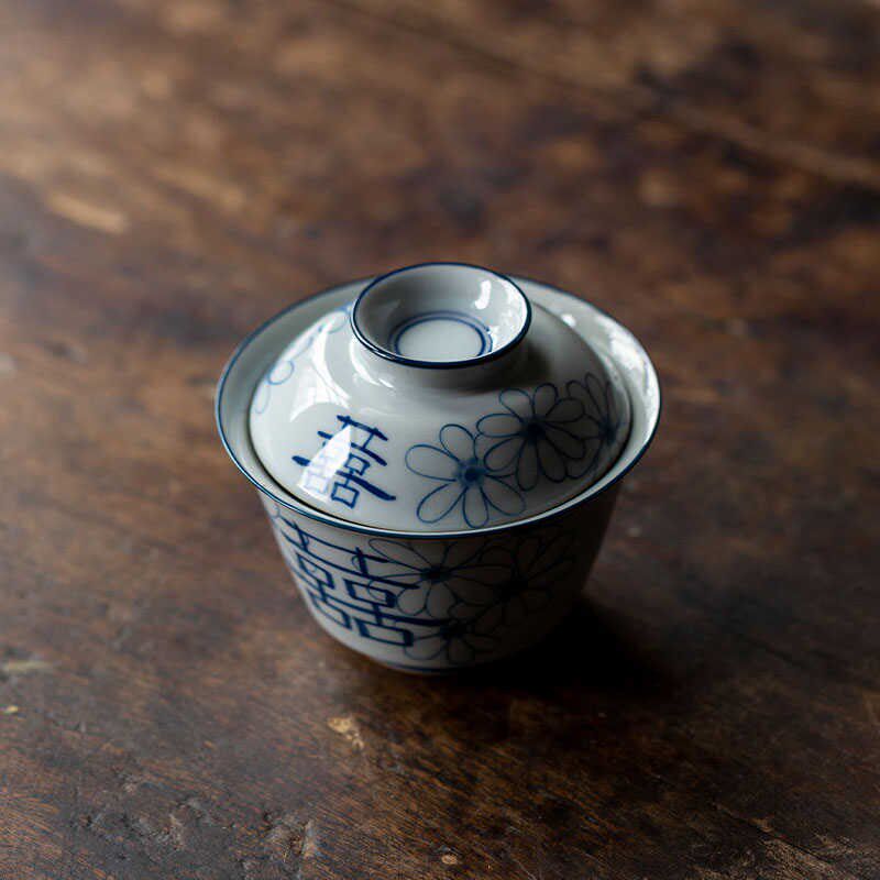 觅己陶瓷喜字盖碗手绘青花茶杯单个家用功夫三才泡茶碗大号敬茶碗