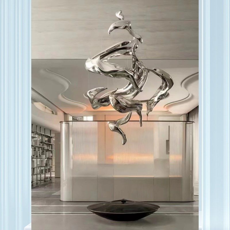 软装水滴海浪银色鱼群吊饰雕塑玻璃钢酒店大堂客厅天花吊顶装置