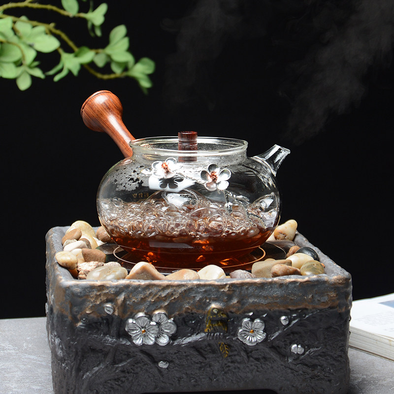 侧把玻璃煮茶壶高档功夫茶壶单壶个性镶锡耐高温电陶炉煮茶器茶具