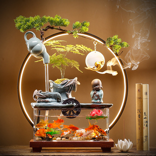 小型鱼缸流水创意悬壶招财喷泉办公室桌面客厅家居装饰灯圈摆件