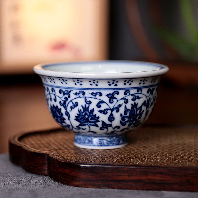 青花缠枝莲压手杯纯手工手绘陶瓷明永乐复古柴窑主人杯单杯福利款