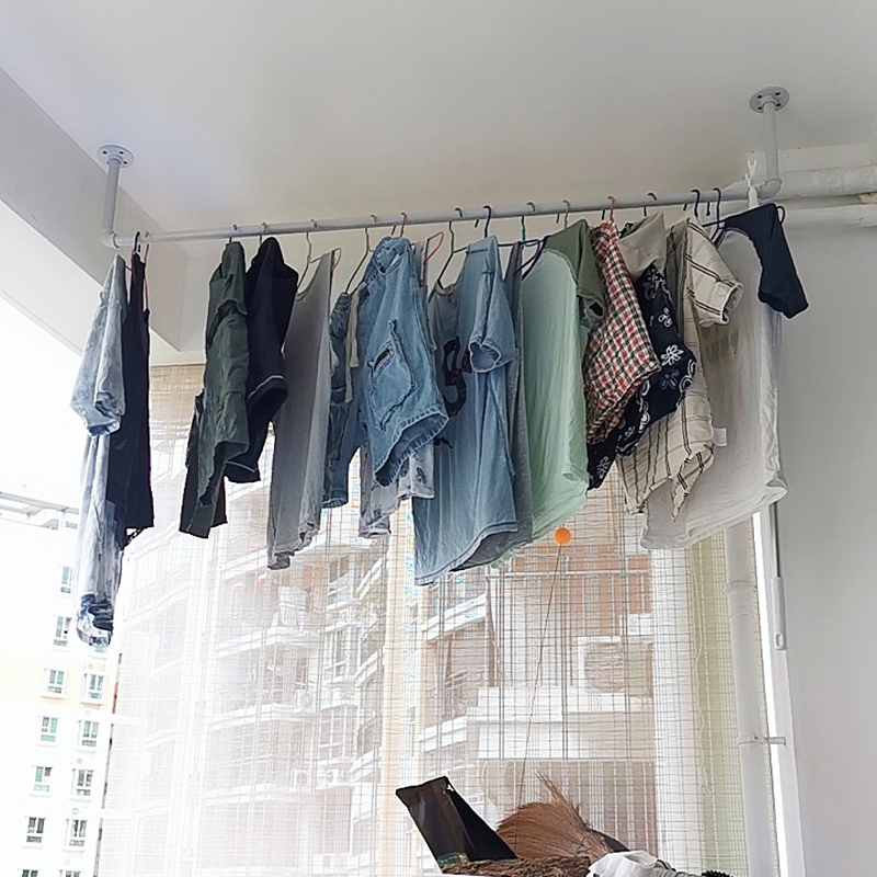 晾衣杆阳台顶装家用飘窗固定式单杆室内白色挂衣杆窗台打孔晒衣架