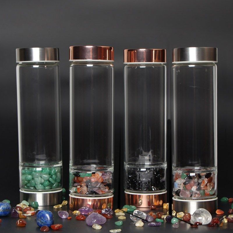 宝石天然水晶杯圆形子水瓶水樽玻璃杯能便携碎石透明宝茶矿原矿量