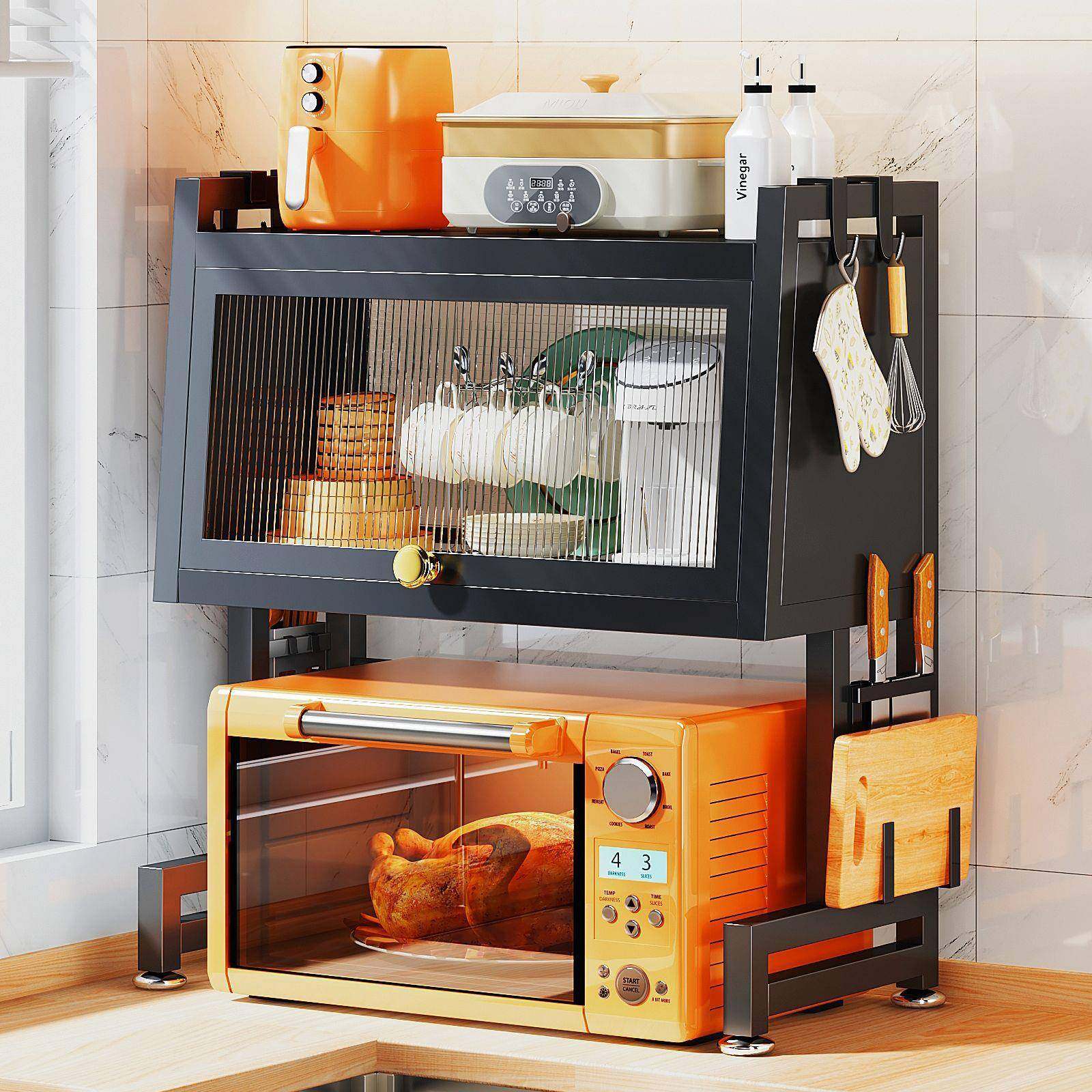 厨房微波炉架台面双层置物架带柜门烤箱OBB烤炉菜板柜筷简子橱极