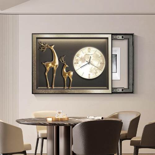 轻电箱装饰画带招财金鹿钟表麋鹿客厅配电箱遮挡挂奢画免表打孔电