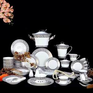 伯善瓷银边万字餐具69头陶瓷中式餐具套装6人位碗盘碟勺家用餐具