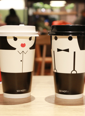 加厚新款奶茶纸杯400ml 500ml 600ml一次性萌妹子16oz冷热纸杯子