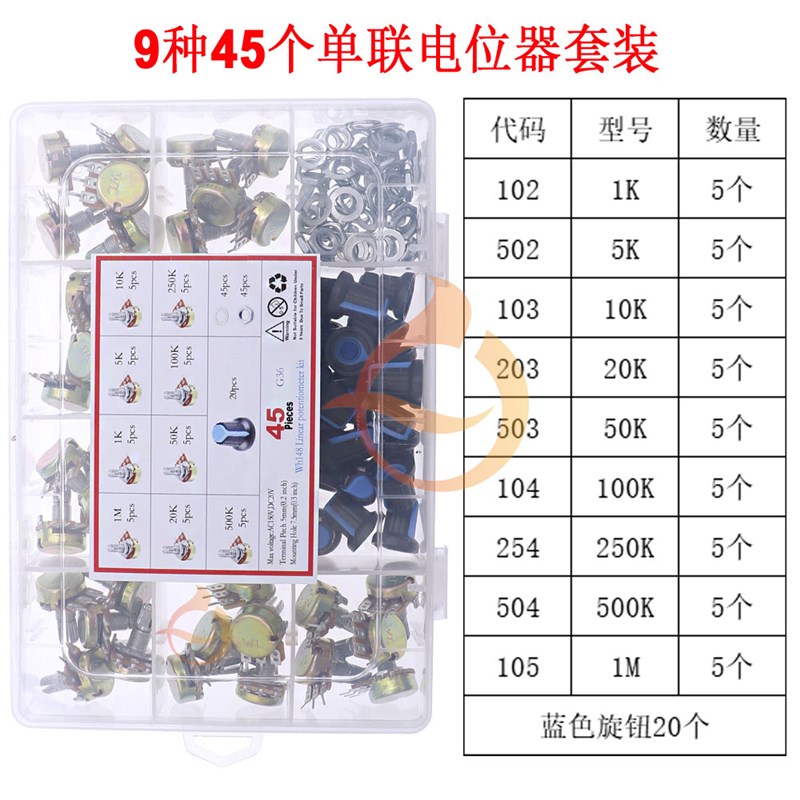 45件单联电位器套件B1K/5K/10K/20K/50K/100K/250K/500K/1M配旋钮