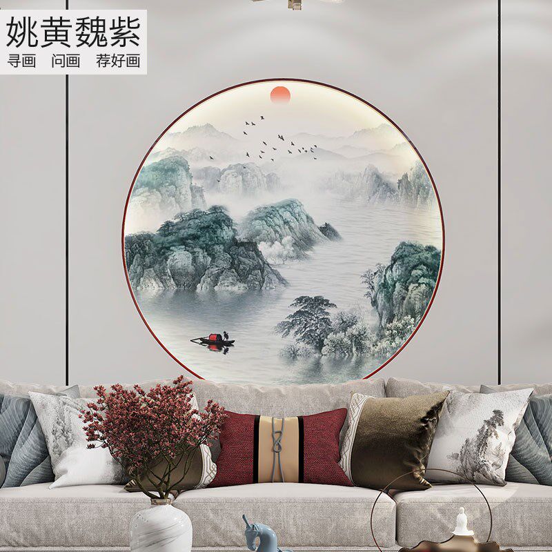 茶室圆形背景墙布定制水墨山水壁画电脑刺绣富水长流印加绣花工艺
